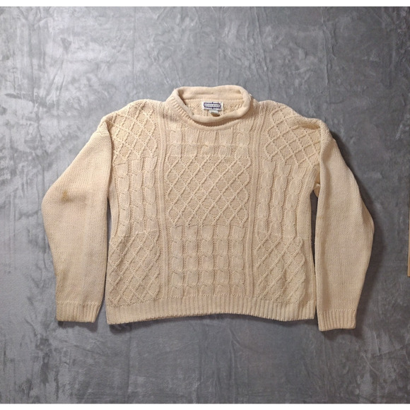 Vintage Mixed Blues Shepherds Sweater Cream Cotton Blend M Cable Jacquard Knit - Picture 1 of 10